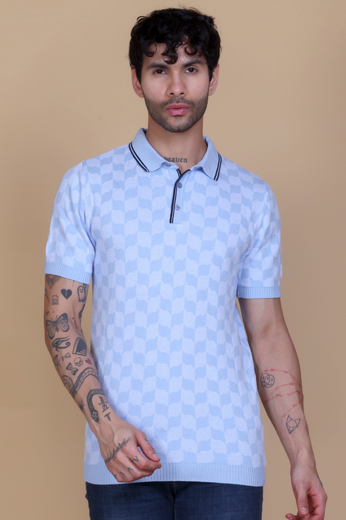 Rib Knit Polo Check Design