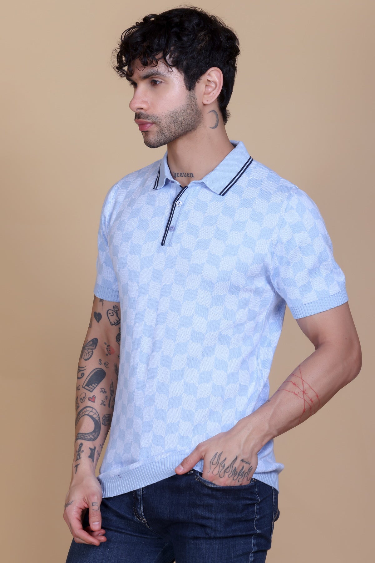 Rib Knit Polo Check Design