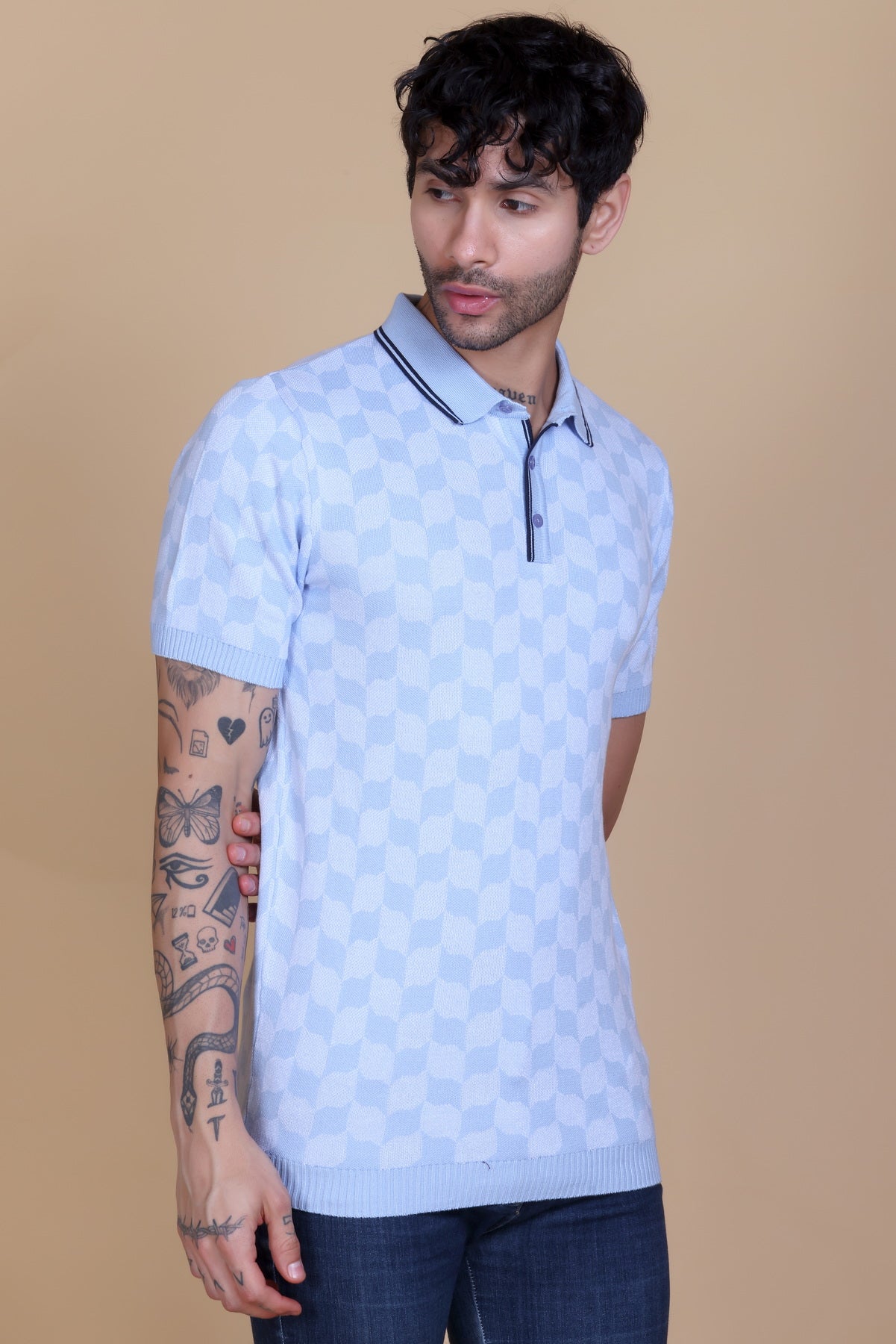 Rib Knit Polo Check Design