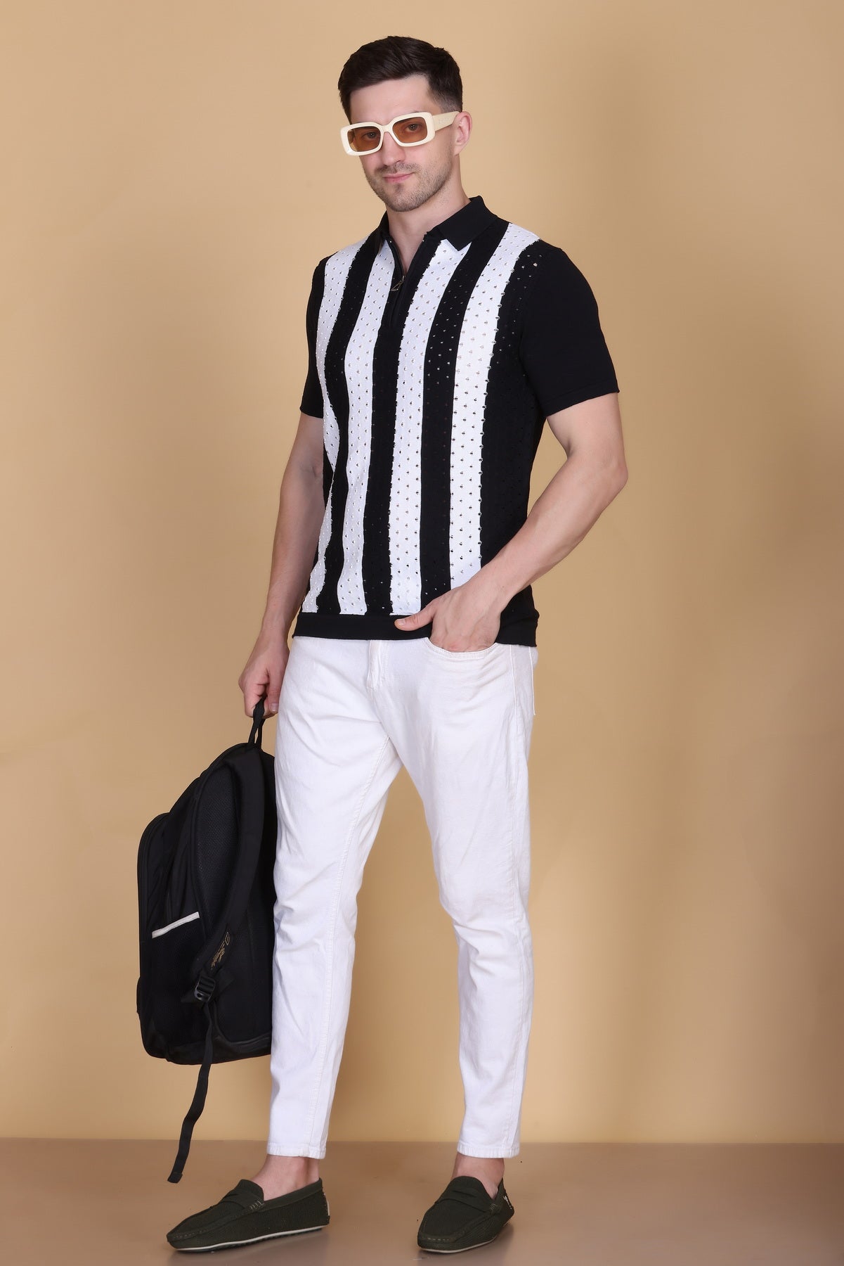 Winter Woolen Knitted Cotton Button Printed tee Black-White