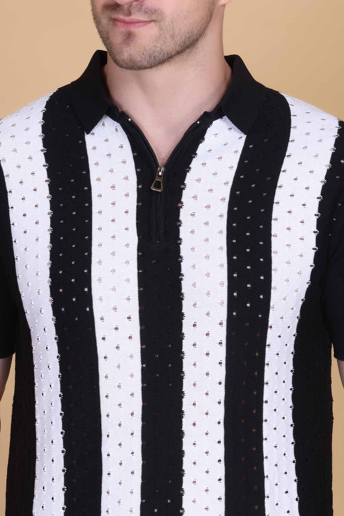 Winter Woolen Knitted Cotton Button Printed tee Black-White