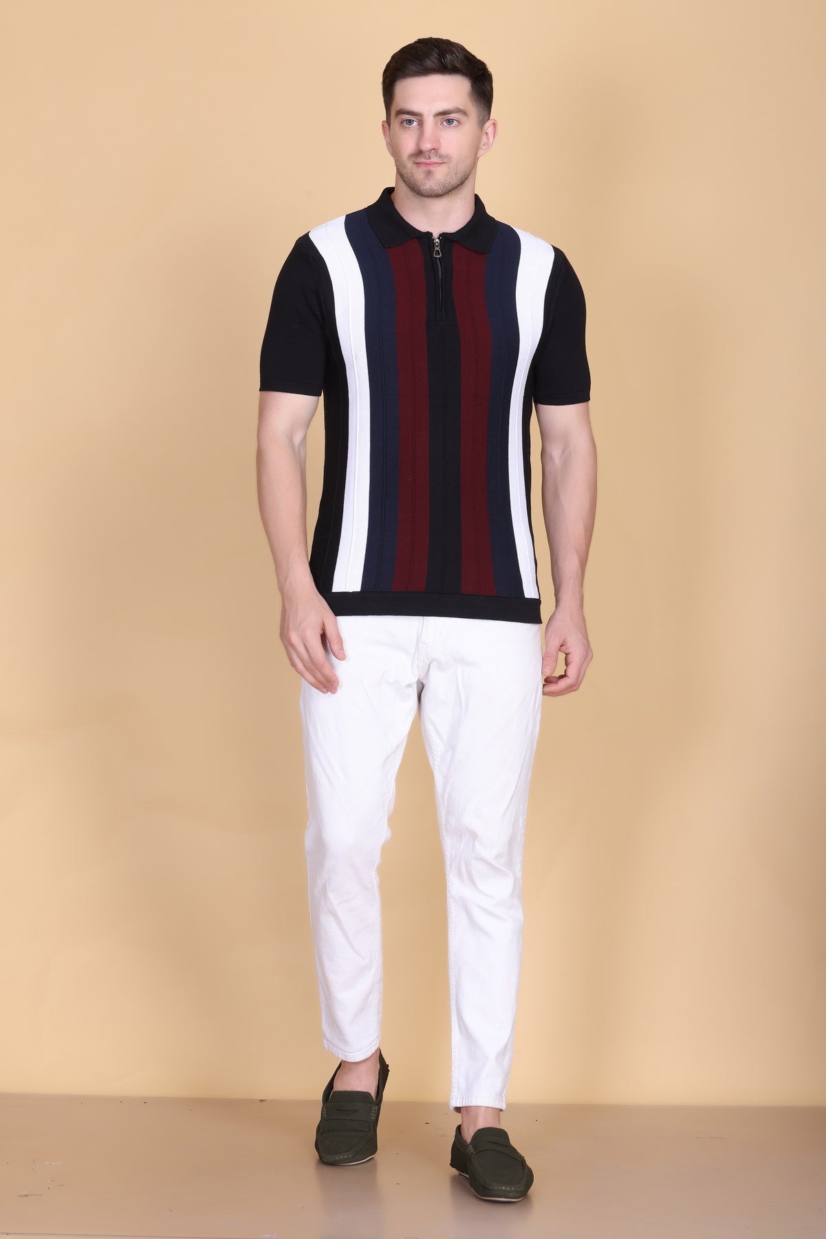 Men Striped Polo Neck Pure Cotton Black T-Shirt