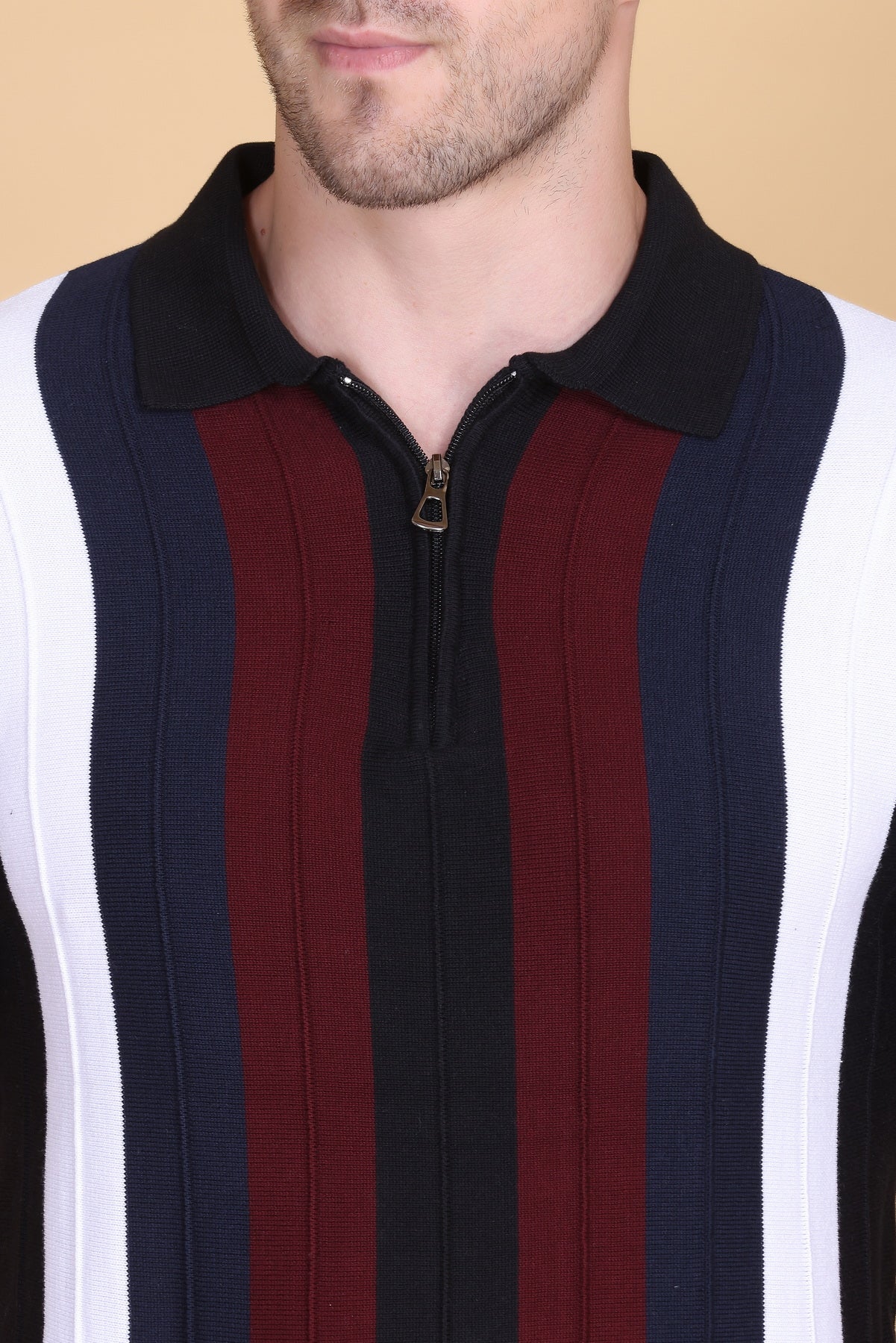 Men Striped Polo Neck Pure Cotton Black T-Shirt