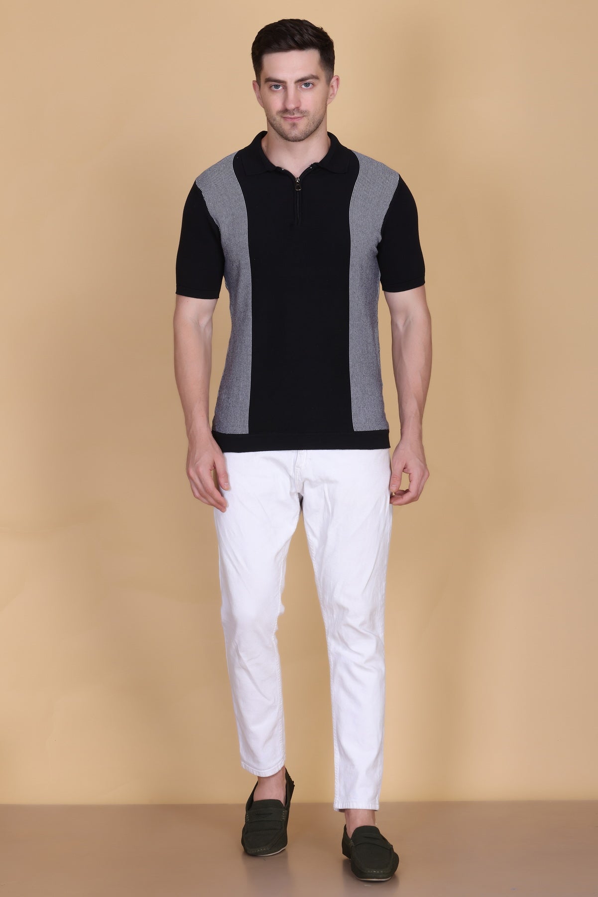 Men Striped Polo Neck Pure Cotton Black T-Shirt
