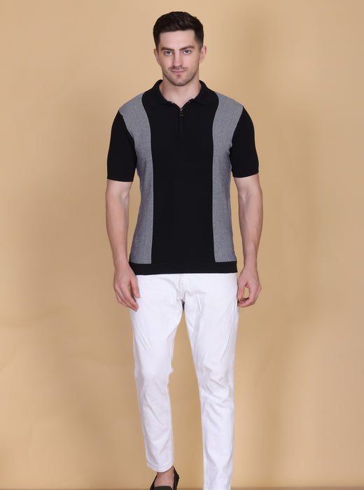 Men Striped Polo Neck Pure Cotton Black T-Shirt