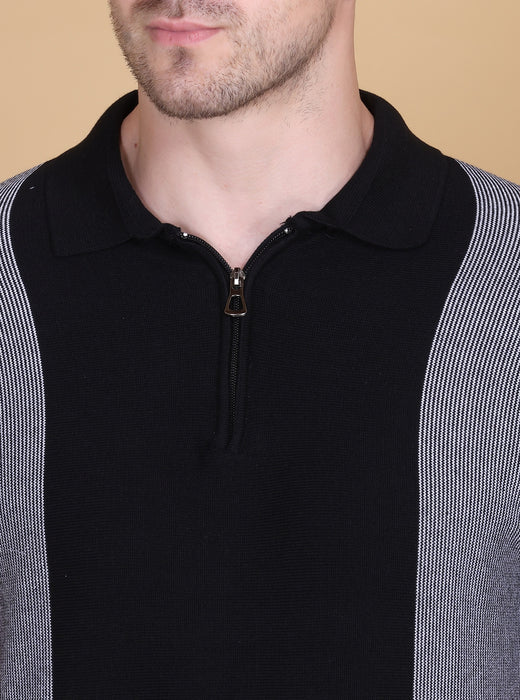 Men Striped Polo Neck Pure Cotton Black T-Shirt alt