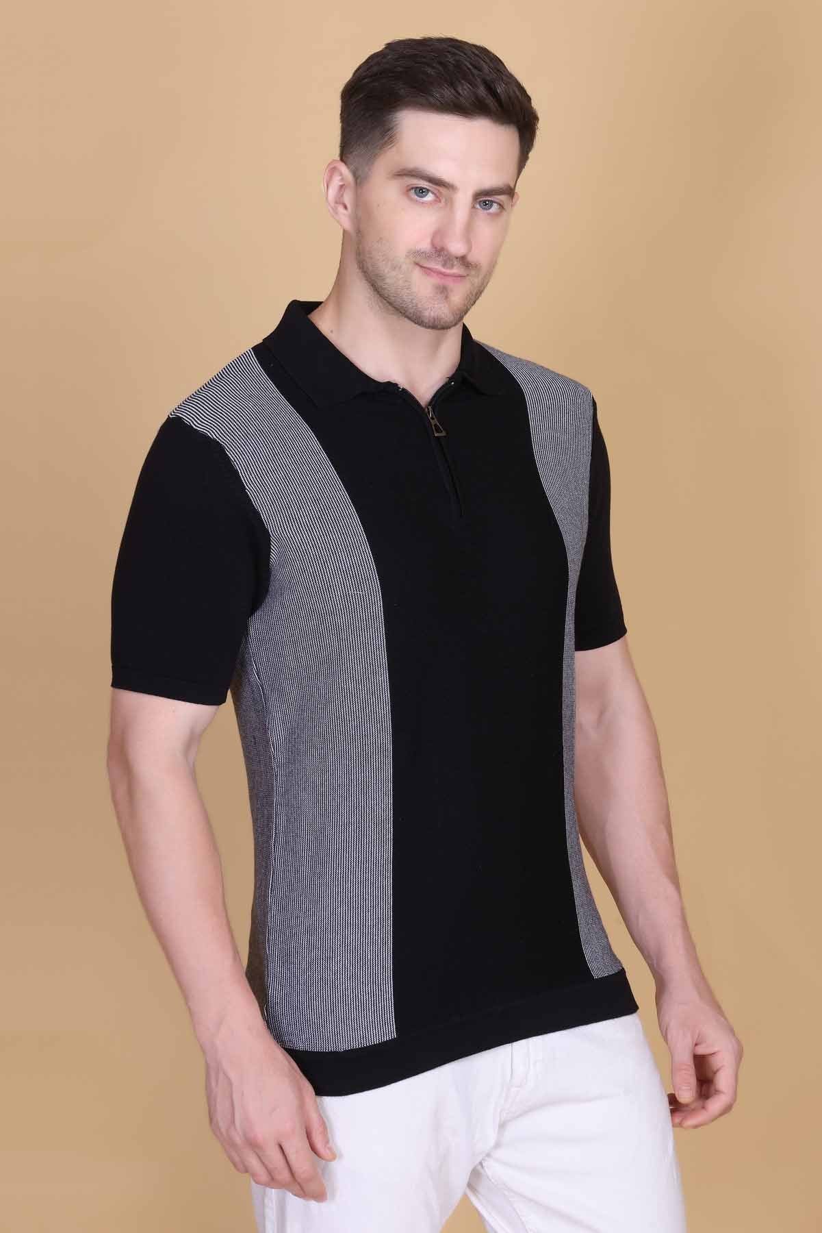 Men Striped Polo Neck Pure Cotton Black T-Shirt