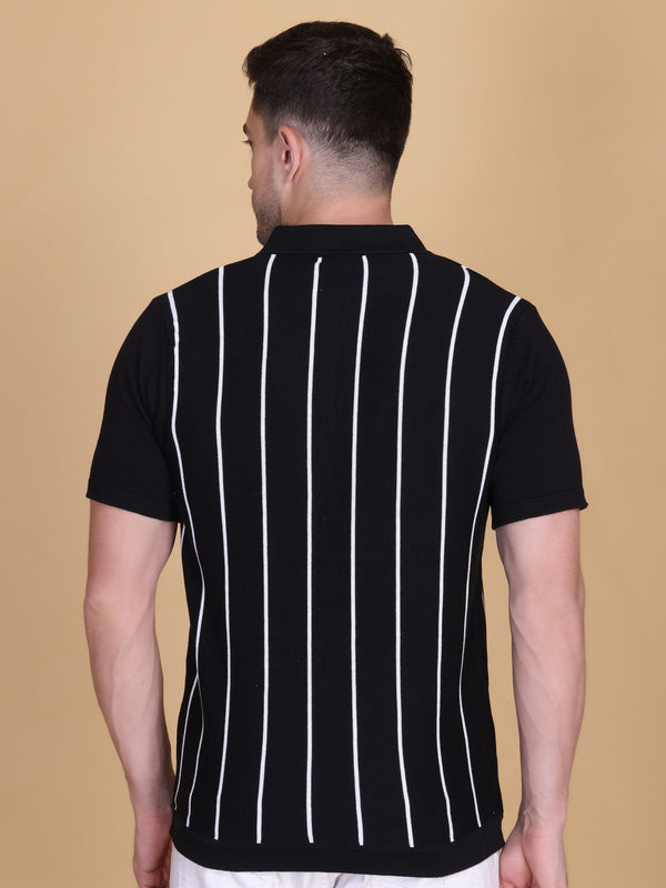 Men Striped Polo Neck Pure Cotton Black T-Shir alt