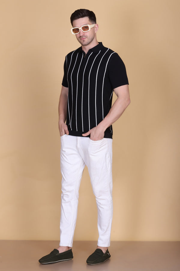 Men Striped Polo Neck Pure Cotton Black T-Shir