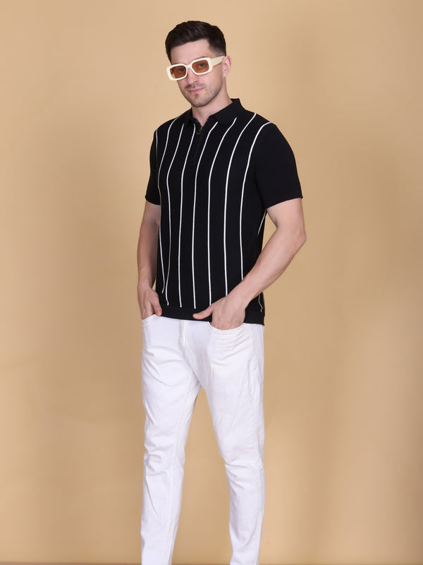 Men Striped Polo Neck Pure Cotton Black T-Shir