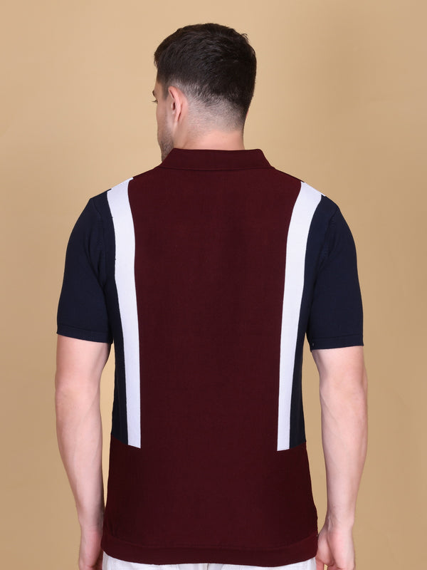 Men Striped Polo Neck Pure Cotton Maroon T-Shirt alt