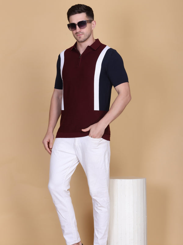 Men Striped Polo Neck Pure Cotton Maroon T-Shirt