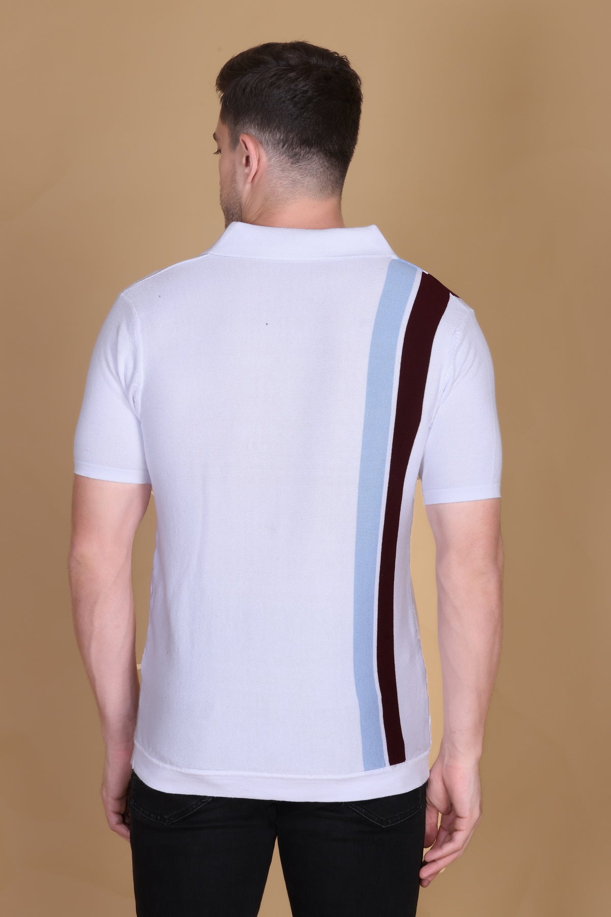 Men’s White Knit Polo T-Shirt with Contrast Zip & Side Stripes