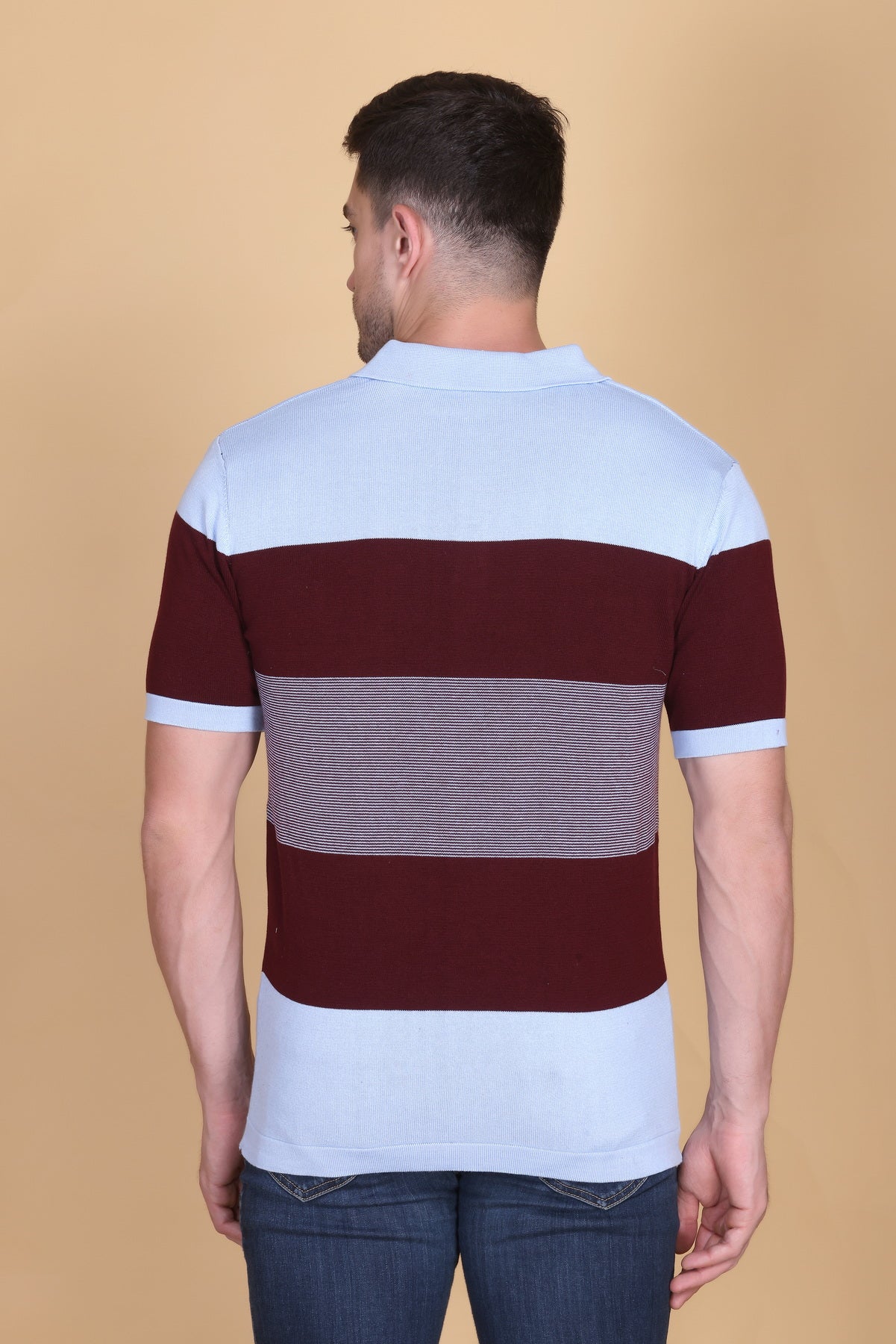 Men’s Sky Blue & Maroon Knit Polo T-Shirt with Striped Pattern