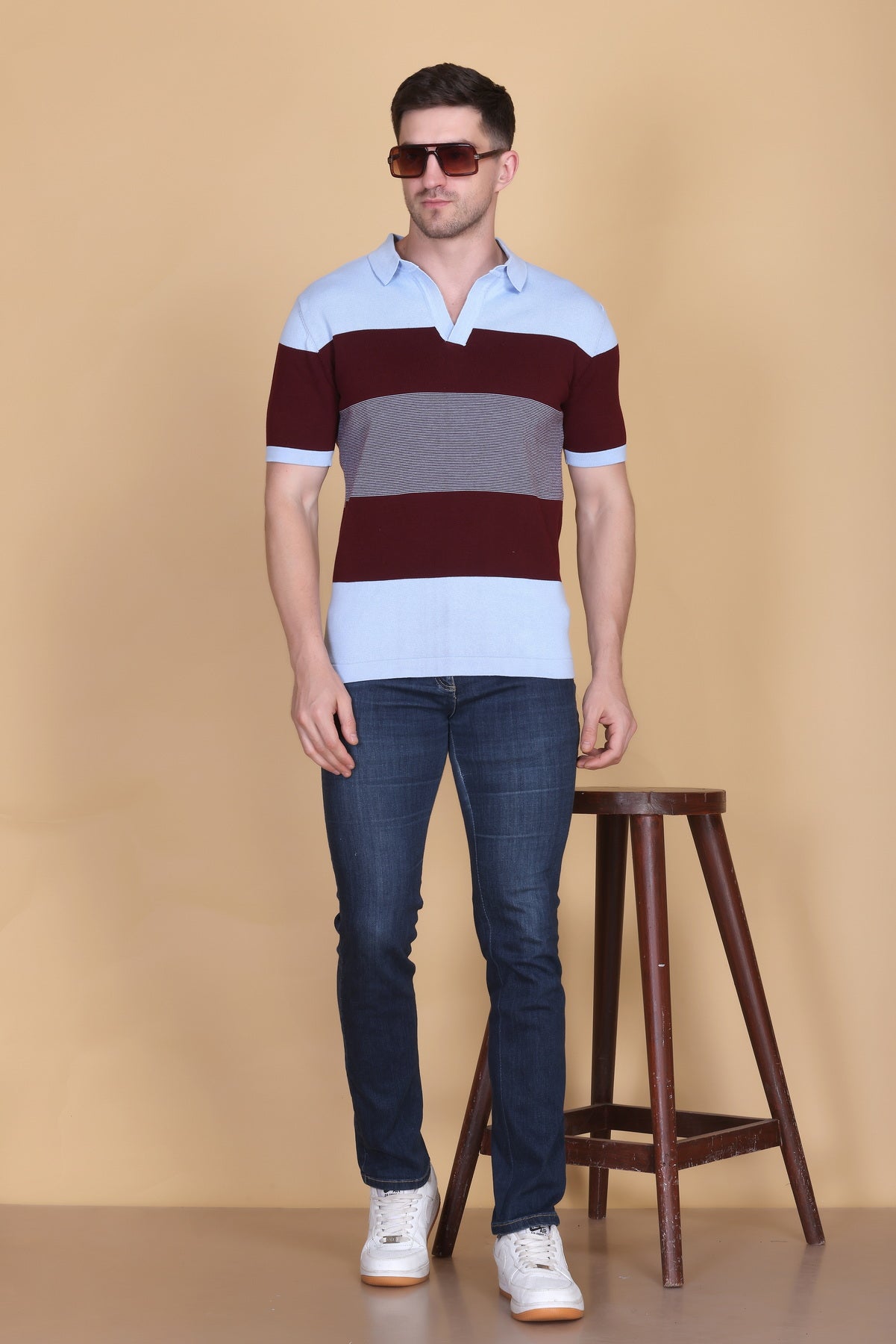 Men’s Sky Blue & Maroon Knit Polo T-Shirt with Striped Pattern