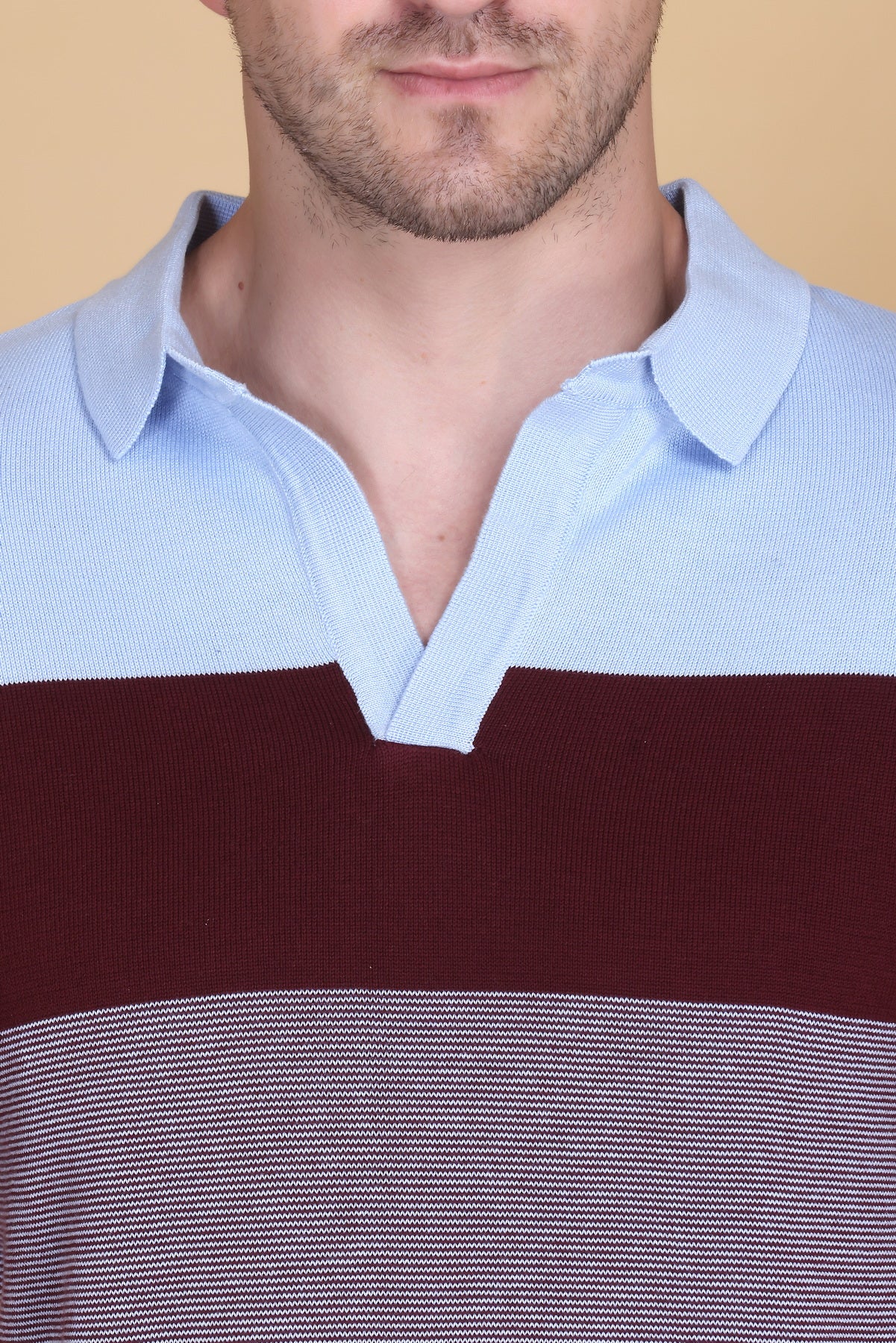 Men’s Sky Blue & Maroon Knit Polo T-Shirt with Striped Pattern
