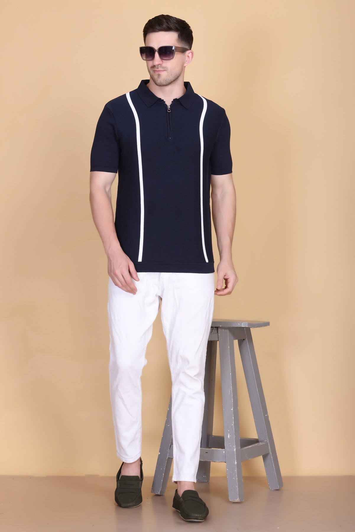 Men's Woolen Knitted Cotton Polo T-Shirt | Half Sleeve Color-Blocked Zipper Tee
