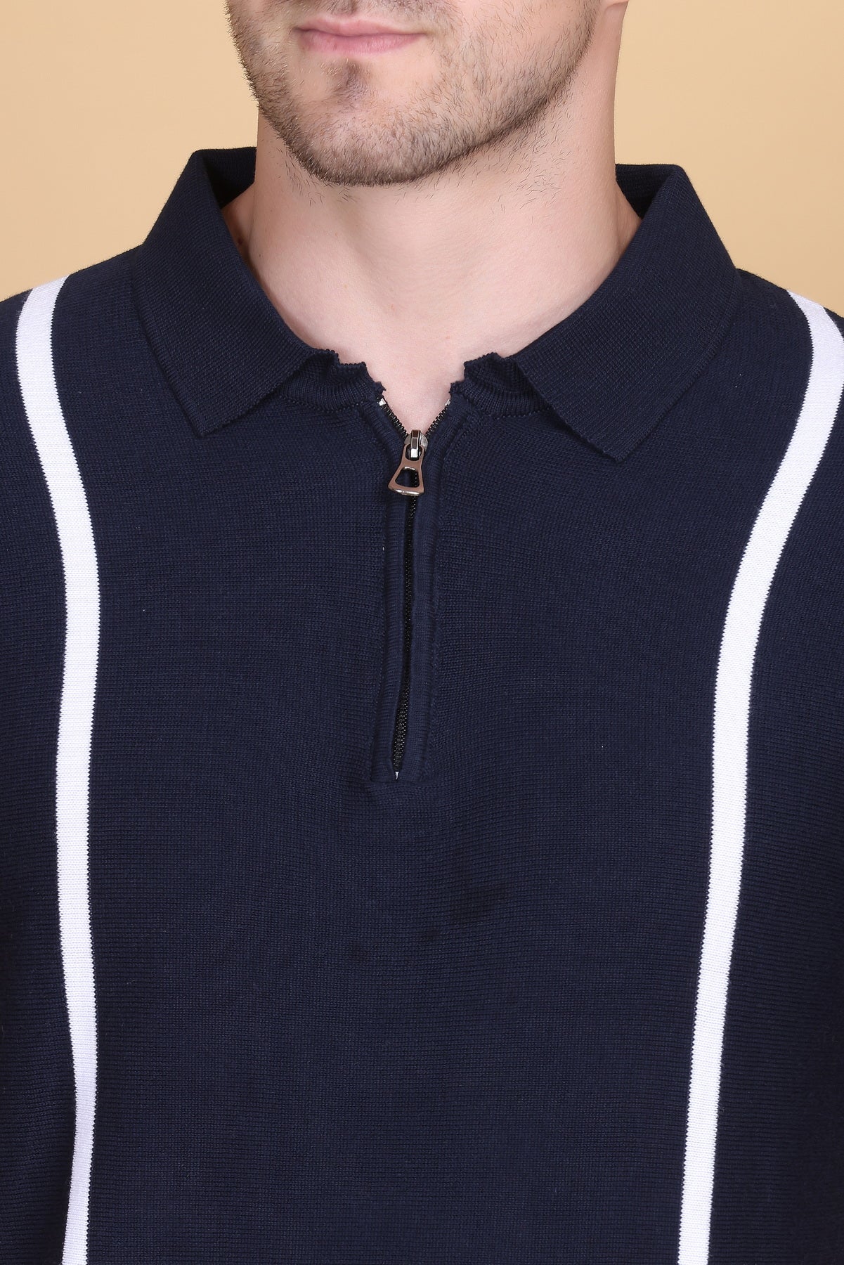Men's Woolen Knitted Cotton Polo T-Shirt | Half Sleeve Color-Blocked Zipper Tee