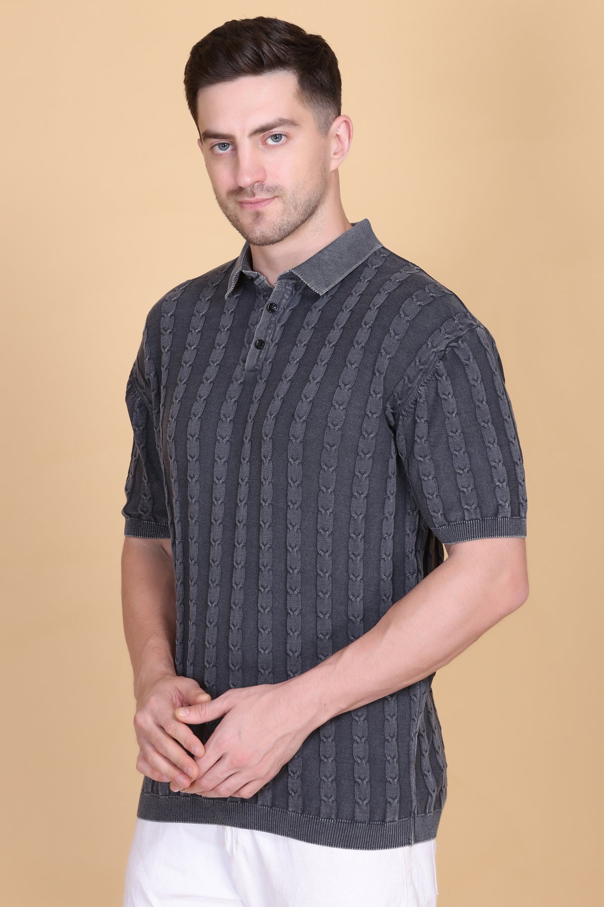 Men's Polo T-Shirt | Faded Black Woolen Knitted Cotton Button Tee