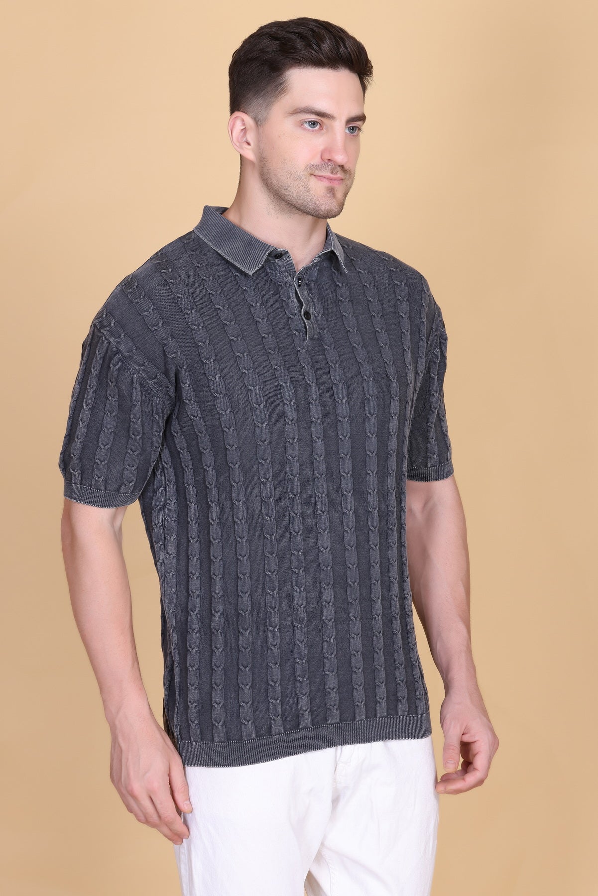 Men's Polo T-Shirt | Faded Black Woolen Knitted Cotton Button Tee