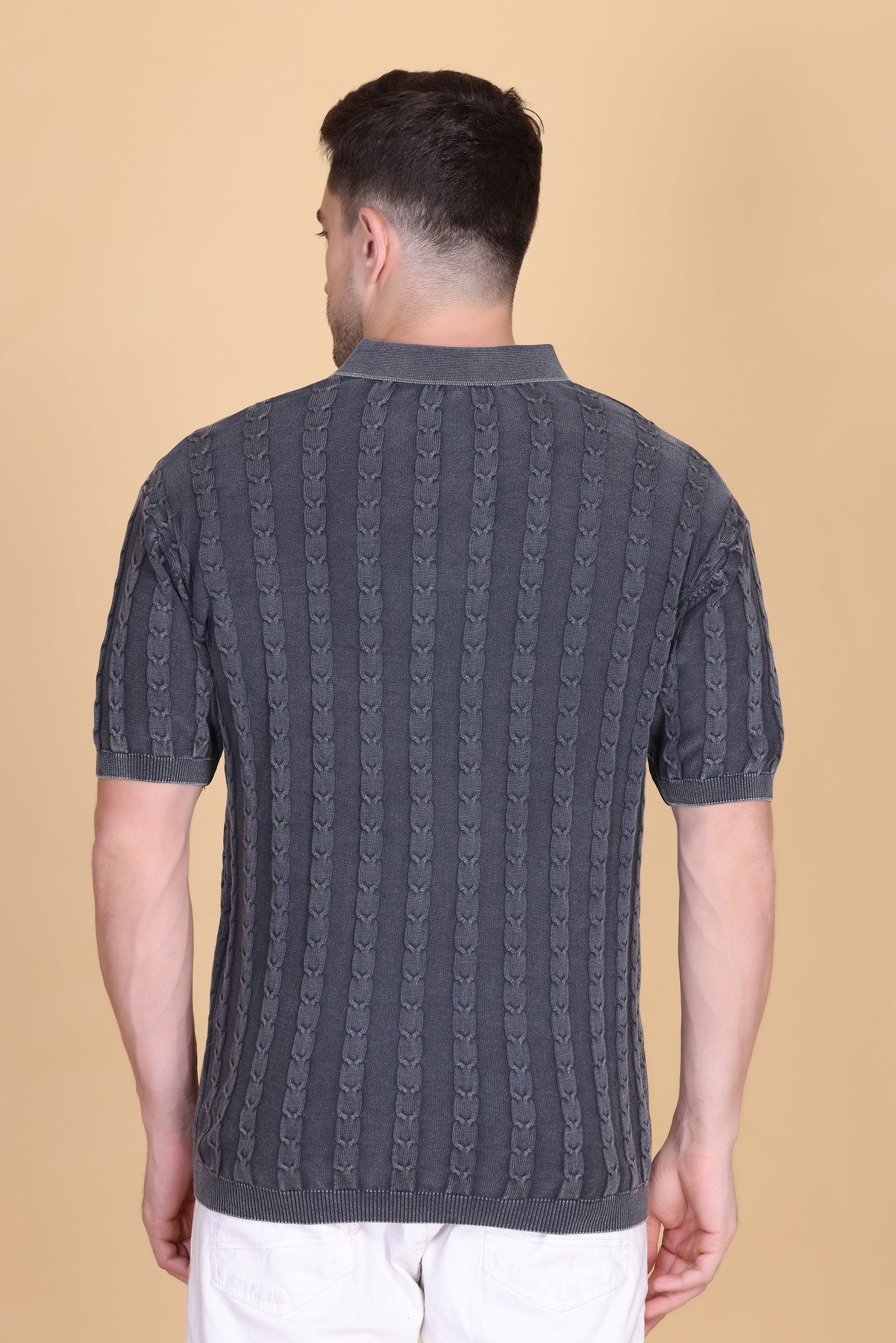 Men's Polo T-Shirt | Faded Black Woolen Knitted Cotton Button Tee