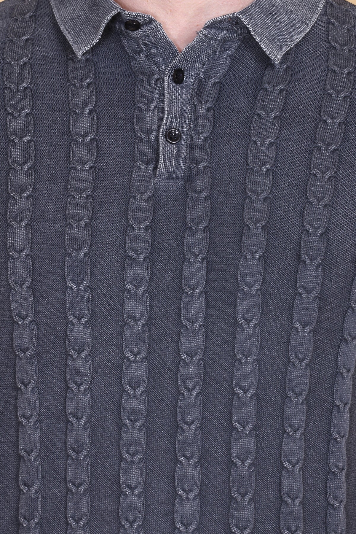 Men's Polo T-Shirt | Faded Black Woolen Knitted Cotton Button Tee