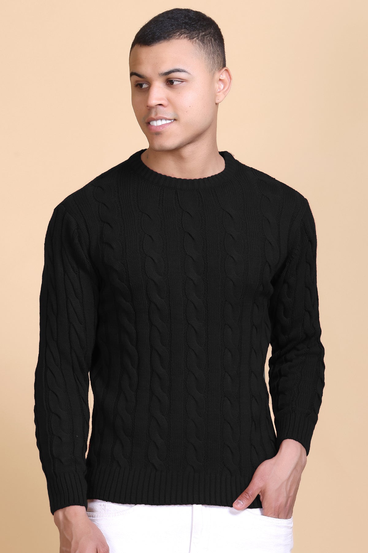 Men Self Design Round Neck Black Sweater