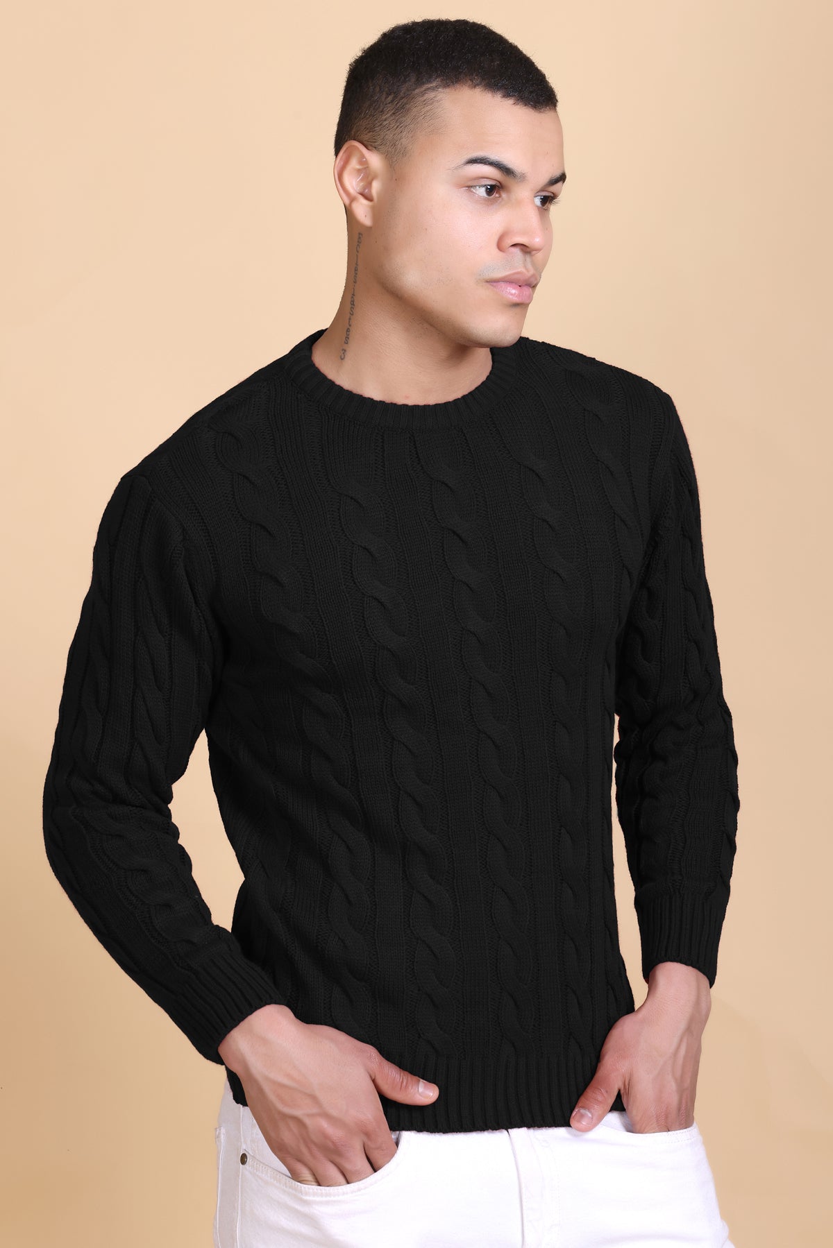 Men Self Design Round Neck Black Sweater