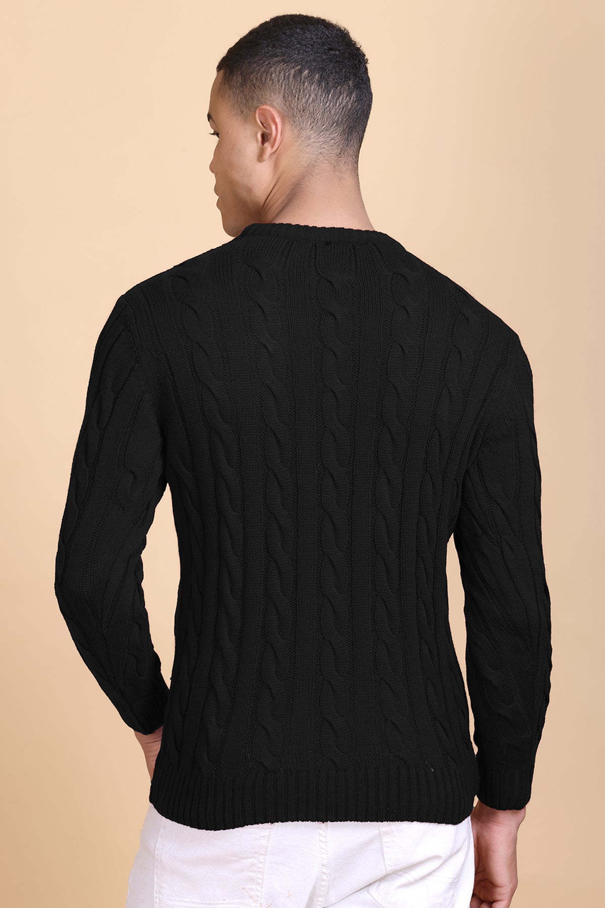 Men Self Design Round Neck Black Sweater