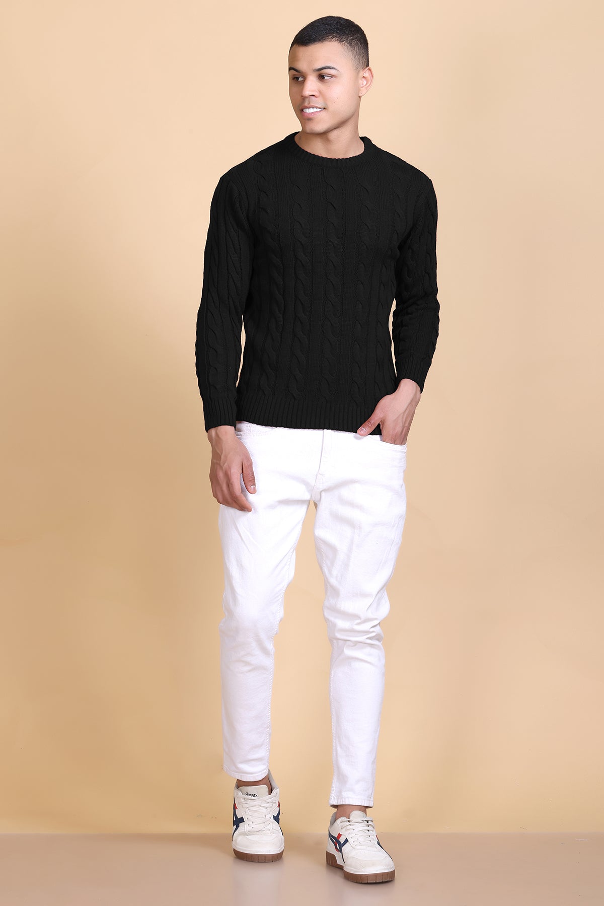 Men Self Design Round Neck Black Sweater