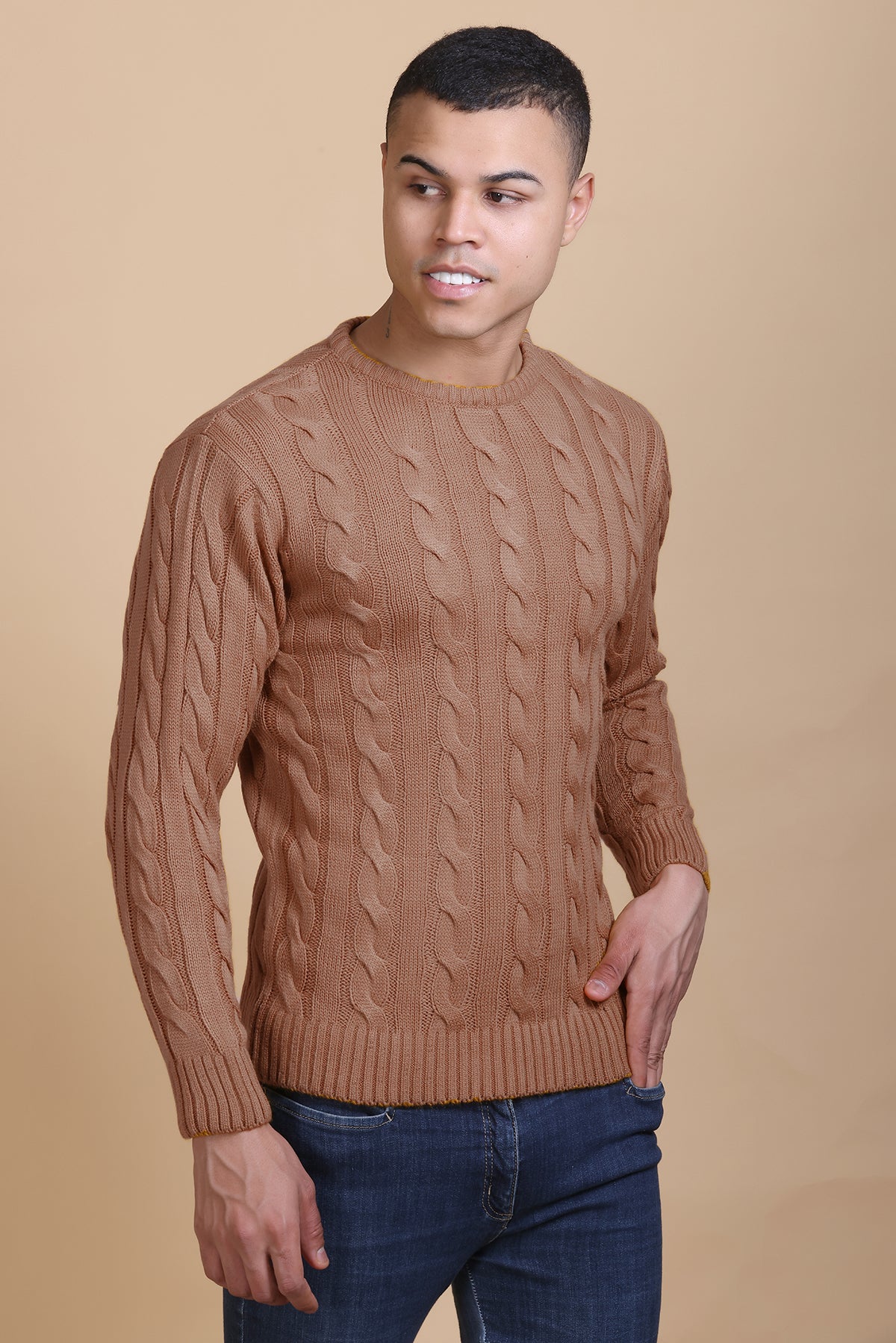 Men Self Design Round Neck Brown Sweater