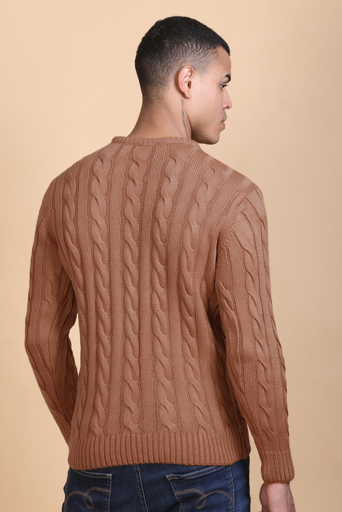 Men Self Design Round Neck Brown Sweater