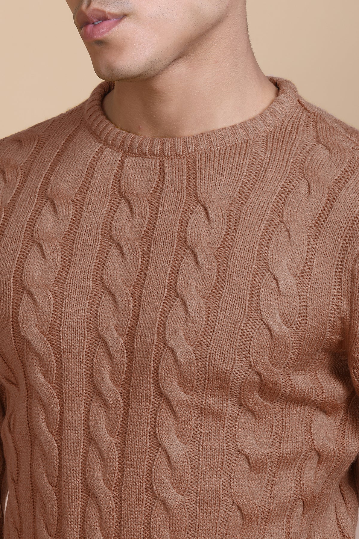 Men Self Design Round Neck Brown Sweater