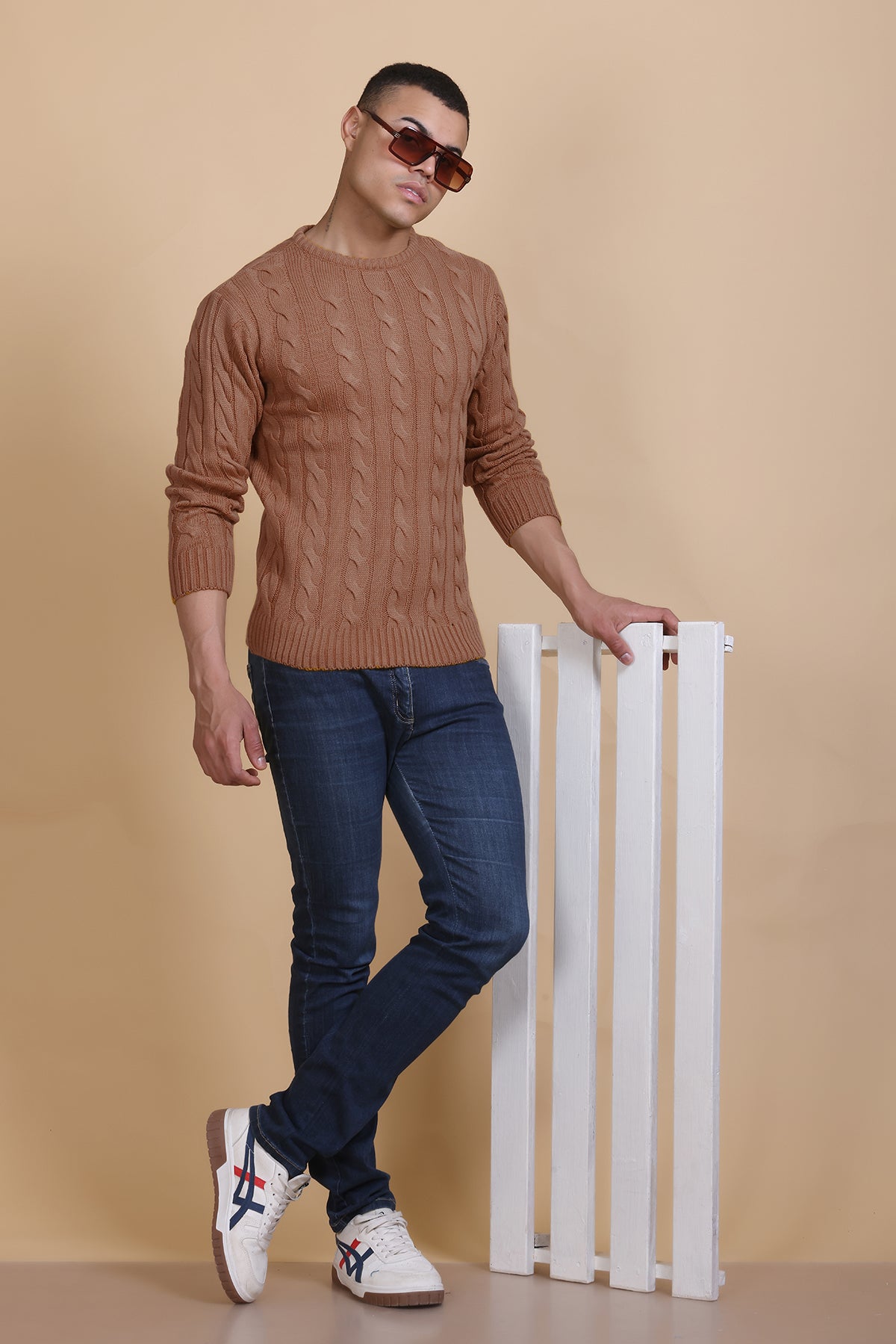 Men Self Design Round Neck Brown Sweater