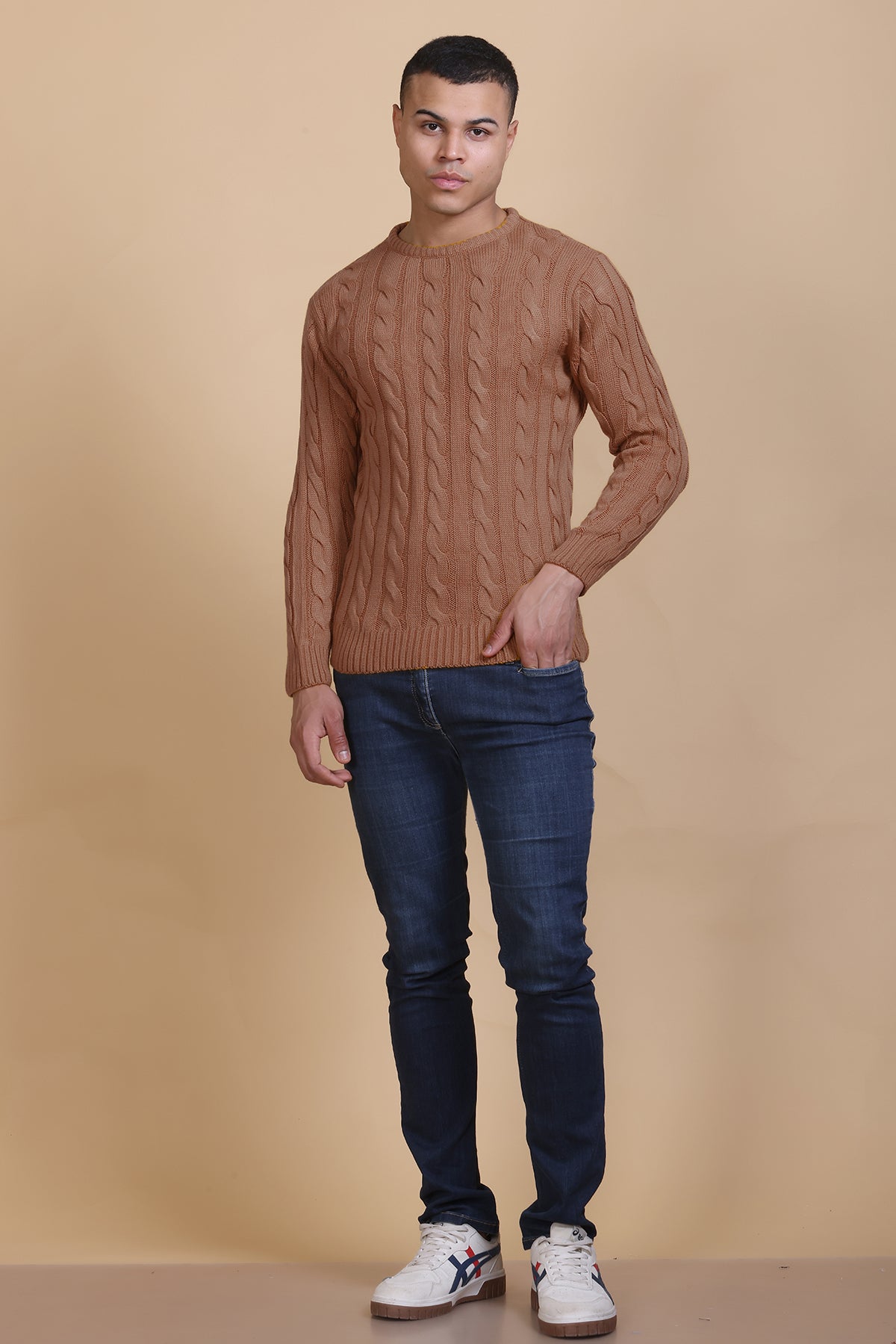 Men Self Design Round Neck Brown Sweater