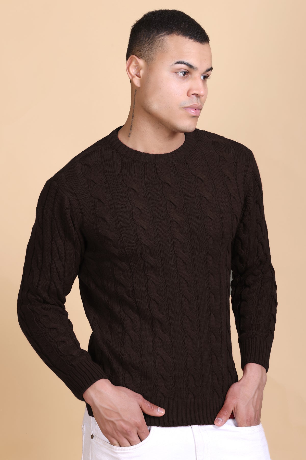 Men Self Design Round Neck Coffee Sweater