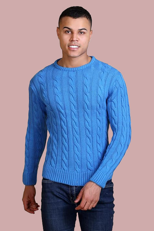 Men Self Design Round Neck Blue Sweater