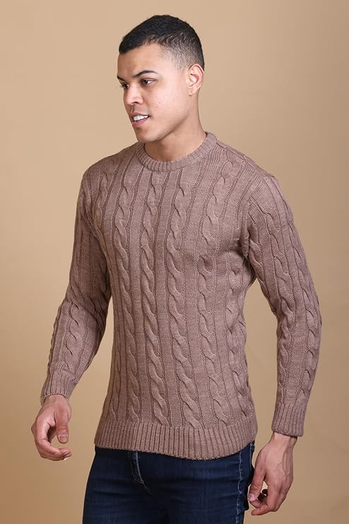 Men Self Design Round Neck Camel Sweater