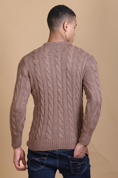 Men Self Design Round Neck Camel Sweater
