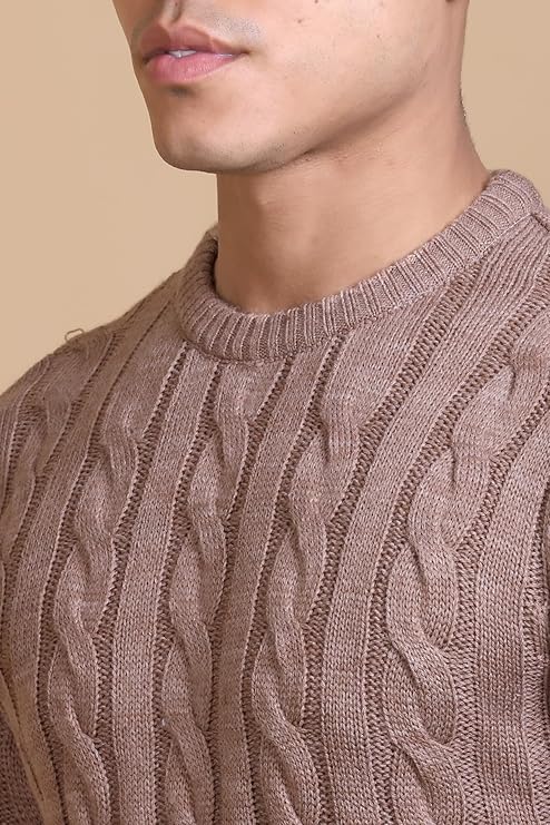 Men Self Design Round Neck Camel Sweater