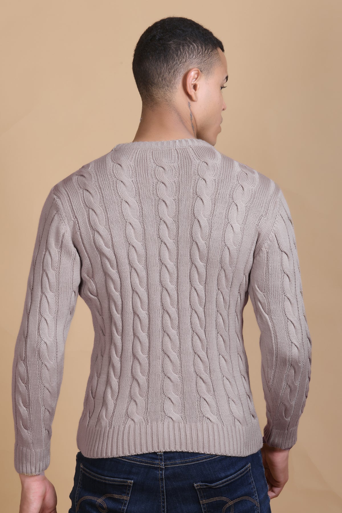 Men Self Design Round Neck Lavender Sweater