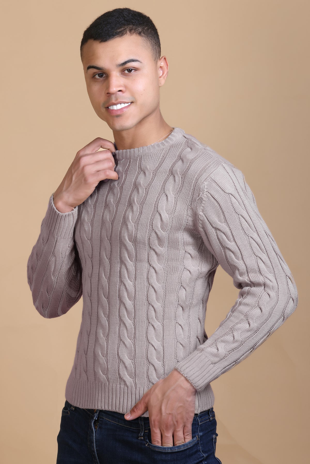 Men Self Design Round Neck Lavender Sweater