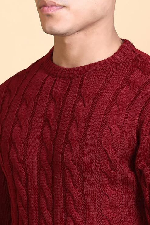 Men Self Design Round Neck Maroon Sweater