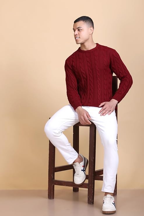 Men Self Design Round Neck Maroon Sweater