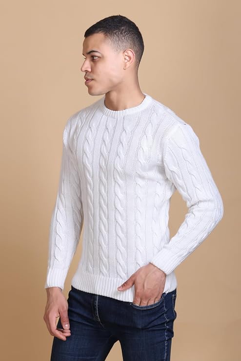 Men Self Design Round Neck White Sweater