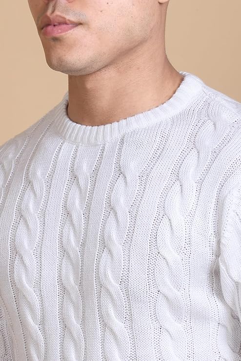 Men Self Design Round Neck White Sweater