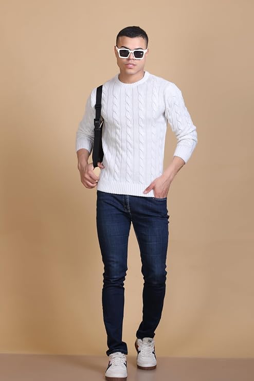 Men Self Design Round Neck White Sweater