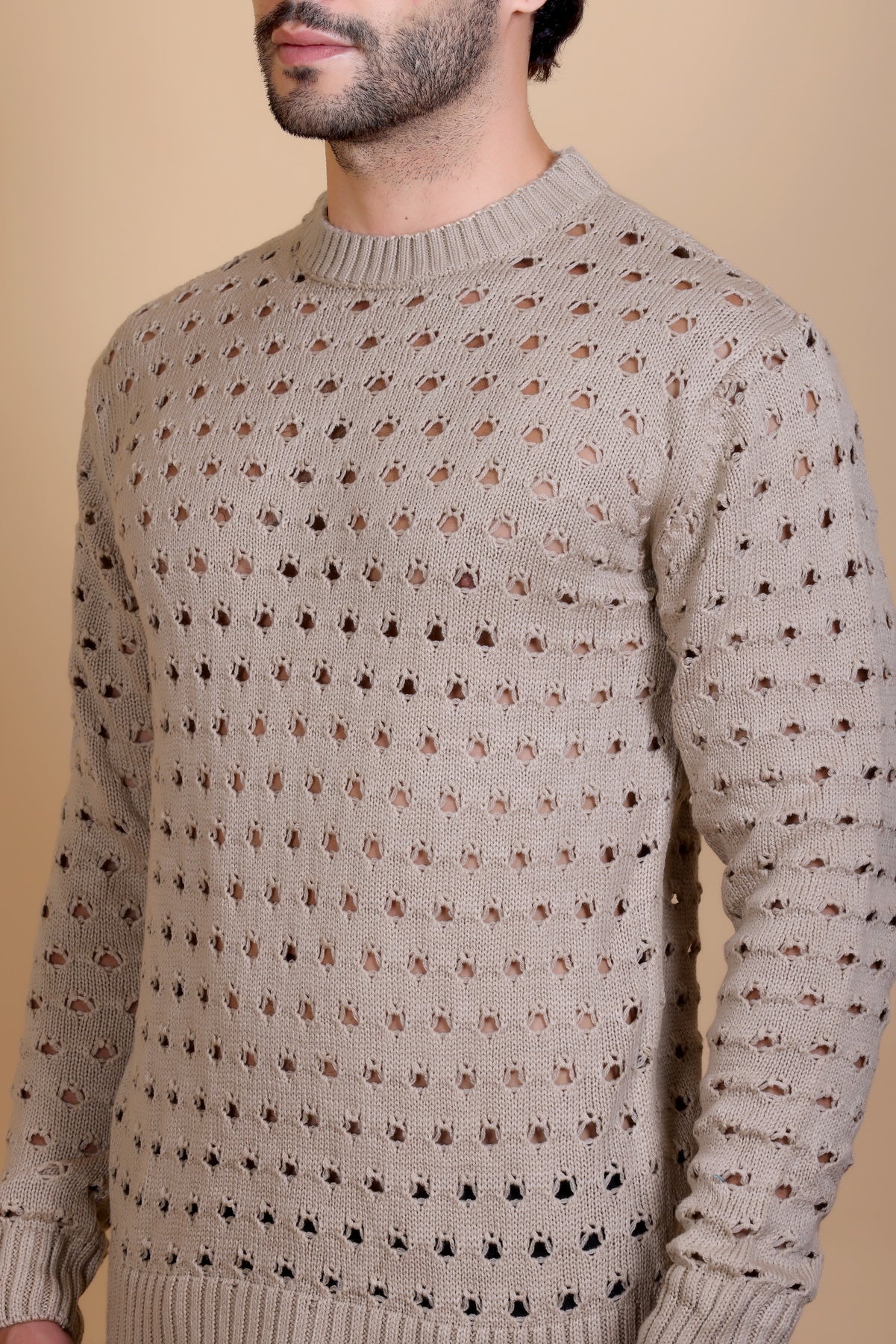 Men Round Neck Camel Sweater