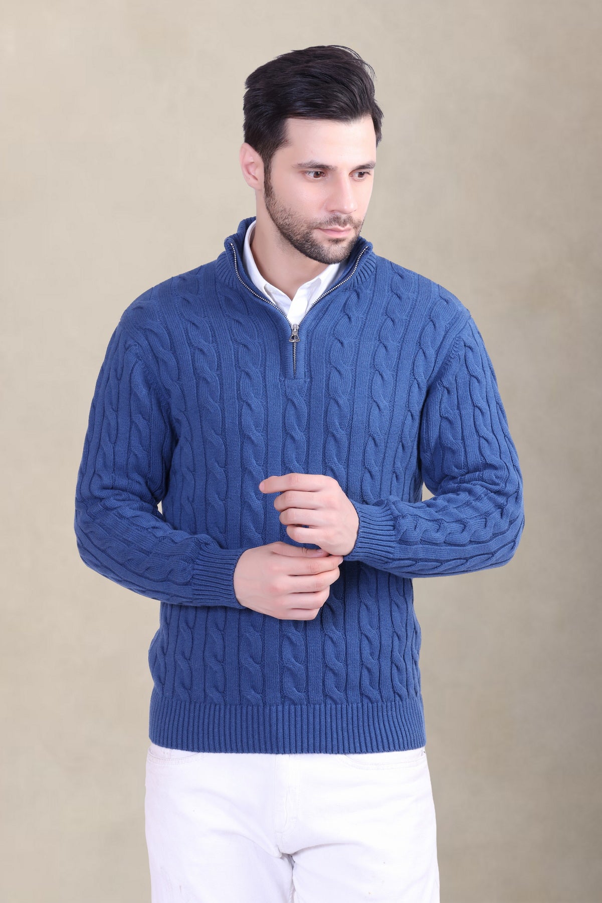 Men’s Blue Cable Knit Half Zip Sweater
