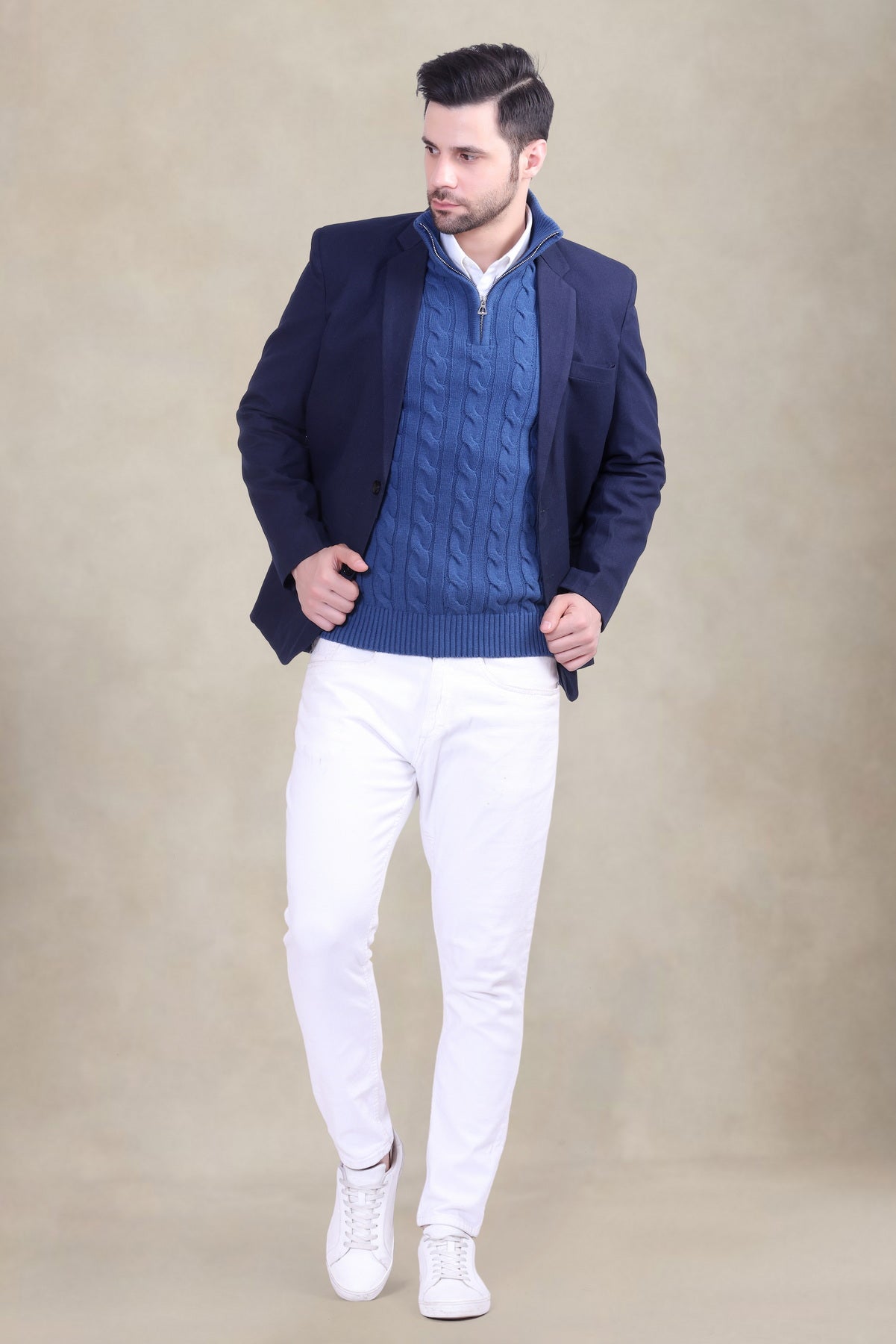 Men’s Blue Cable Knit Half Zip Sweater